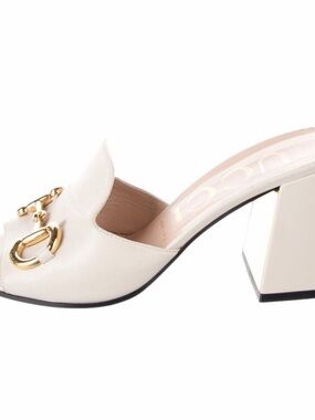 Gucci Cream Leather Block Heel Mule with Gold Horsebit